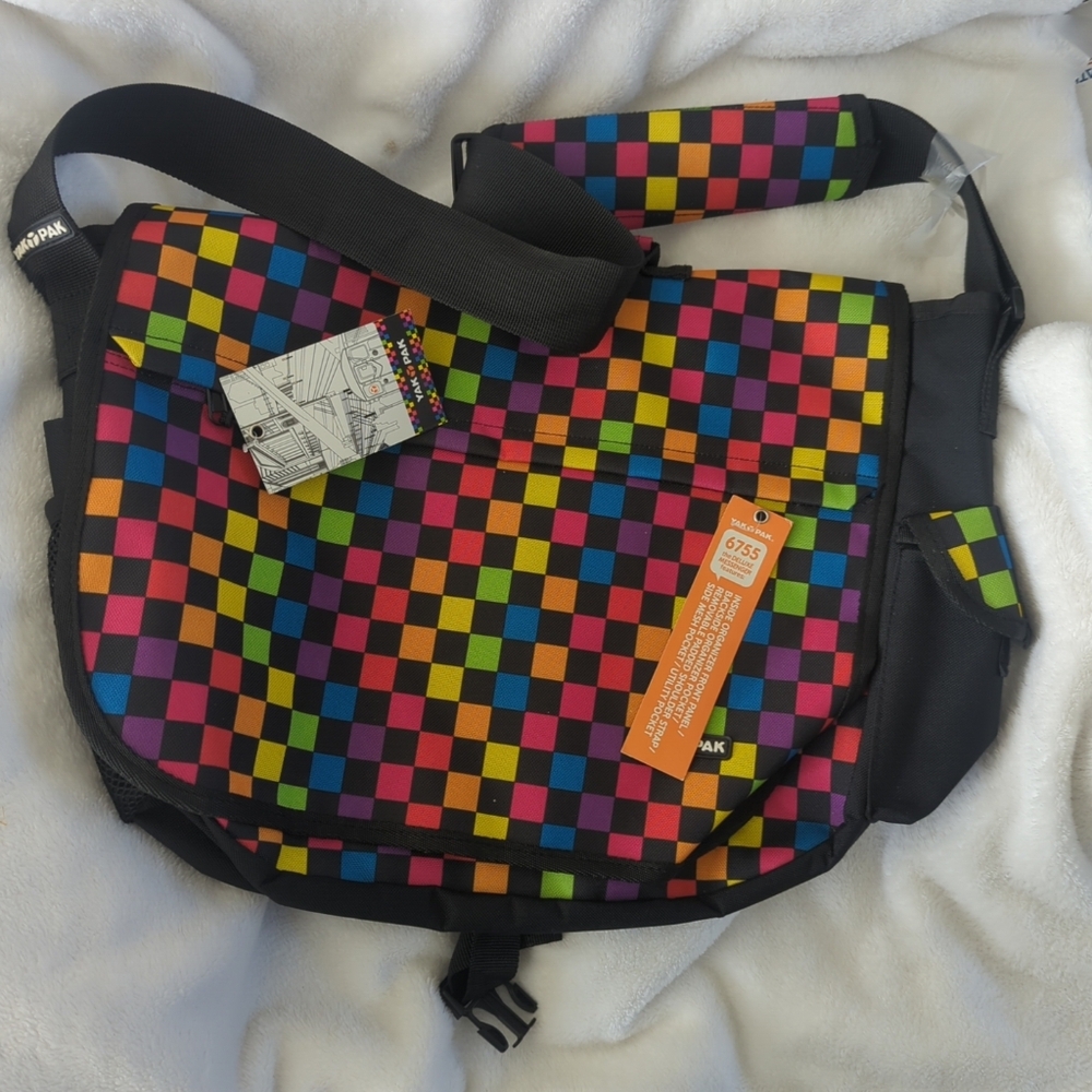 NWT Yak Pak Colorful Checkered Messenger/Laptop Bag With Straps And Pockets